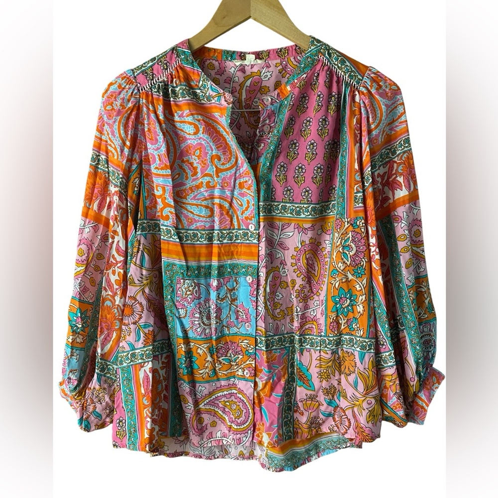 Mahila Blouse 3/4 Sleeve Print Top Womens Size Small Artsy Boho Colorful Flowy